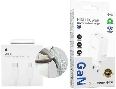 Produktbild von 220V Lade Set - Apple USB-C 240W Ladekabel MU2G3ZM/A Original + USB-C Schnellladegerät 65W
