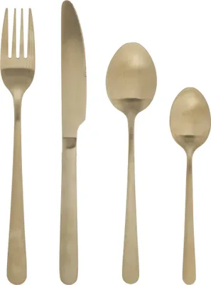 A set of four gold-colored cutlery items: a fork, a knife, and two spoons of different sizes, arranged in a line against a white background.