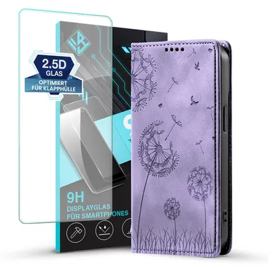 Produktbild von Handyhülle für Samsung Galaxy A17 / A17 5G RFID Schutz Klapphülle Case Cover Design Blume Pusteblume Schutzhülle mit 9H Displayglas Farbe: Violett