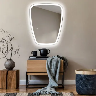 Produktbild von Unregelmäßiger asymmetrischer Spiegel mit LED Beleuchtung 74x94 cm - mit LED Beleuchtung - LED Farbe Kaltweiß 7000K - Individuell Nach Maß - Beleuchtet Wandspiegel Lichtspiegel Badezimmerspiegel - Sensor Schalter - TRZ222