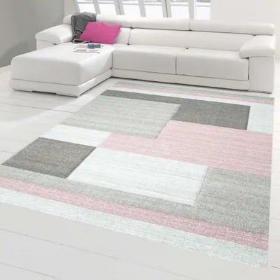 Obrázek produktu pro Designový koberec Moderní koberec Koberec do obývacího pokoje Krátký vlasový koberec s obrysovým károvaným vzorem Pastelové barvy Růžová Krémová Béžová Velikost - 240 x 340 cm