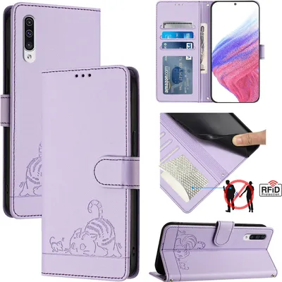 Produktbild von Leder Hülle für Samsung Galaxy A50/A30S/A50S Süße Katze Flip Case Brieftasche Schutzhülle mit Standfunktion Lila