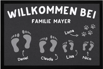 Produktbild von Fußmatte Willkomen bei Familie und Wunschname Fußabdrücke personalisierbar rutschfest & waschbar SpecialMe® weiß 60x40cm