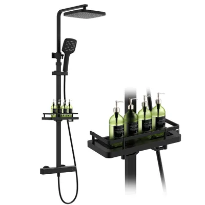 Produktbild von Duschsystem mit 38 °C Thermostat Edelstahl & Regal, Edelstahl Duscharmatur Set mit Handbrause & Kopfbrause, 3 Strahlarten, Höhenverstellbar, Schwarz