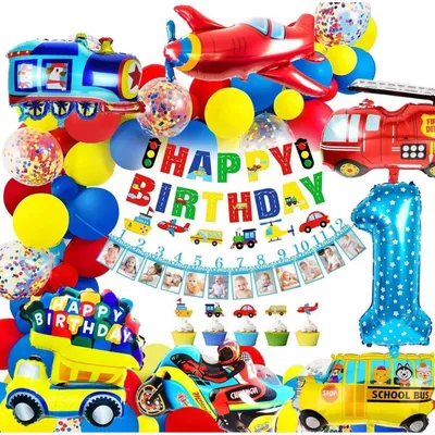 Productafbeelding van Verjaardagsdecoratie voor jongens, 1 jaar: folieballonnen met brandwagens, "Happy Birthday" banner, slingers, ballonnen, taartdecoratie, 32 stuks, meerkleurig