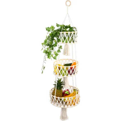 Produktbild von Hängender 3-stöckiger Obstkorb aus Baumwolle im Boho-Design – Wandhängender Obstkorb für Küche, Wohnzimmer, Bad, Schlafzimmer, 110 cm lang, beige