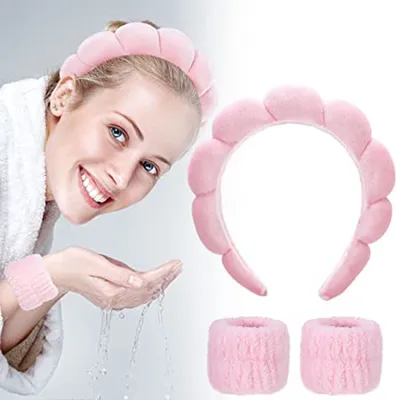 Image de ASKSA 3 pièces Spa bandeau poignet bande de lavage Set Make up bande de cheveux, rose