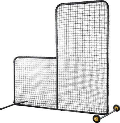 Produktbild von L-förmiger Baseball-Schutzzaun für Schlagkäfig, 7 x 7 ft Softball-Sicherheitszaun, tragbarer Schlagschutz mit Tragetasche, Rädern, Bodenverankerungen, strapazierfähiges Pitching-Netz zum Schutz der Pitcher
