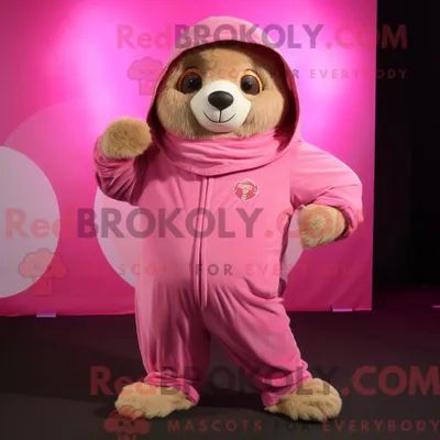 Productafbeelding van Mascot REDBROKOLY karakter van een roze gigantische luiaard gekleed met een joggingbroek en sjaalclips