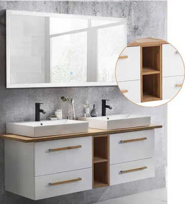 Produktbild von Badmöbel Set in weiß mit Eiche Landhaus DABO-04 mit 165cm Keramik-Waschtisch und LED-Touch-Spiegel, B/H/T ca. 210/200/50