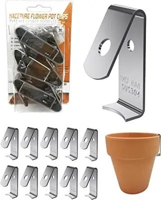Produktbild von NACETURE 12 Stück Pflanzenaufhänger Blumentopf-Clips aus Edelstahl - Outdoor-Wandhaken, Metall-Pflanzenständer, hält 12,7 cm bis 20,3 cm Standard-Blumentöpfe