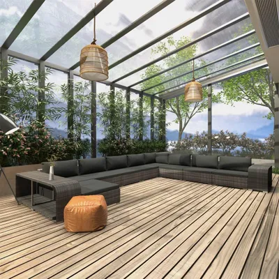 Image de ensemble salon de jardin 11 pièces avec coussins Poly rotin gris