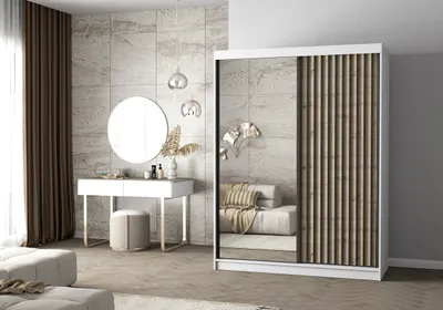 Produktbild von Easy4You Lami I Weiss/Artisan Schiebetürenschrank Kleiderschrank 150x200x61 cm mit Spiegel - Schlafzimmermöbel, Aufbewahrung – Mehrzweckschrank mit Kleiderstange und Lamellen