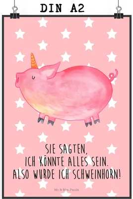 Produktbild von Mr. & Mrs. Panda Bild Einhorn Schwein DIN A2 - Rot Pastell - Geschenk, Plakat, Kunstdruck, drucke, Unicorn, Englisch, Wandbild, wanddeko, Spruch, English, Einhörner