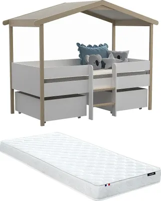 Produktbild von SAROSI Bett in Hüttenform mit Schubladen - 90 × 190 cm - Lindenholz - weiß und Eiche, komplett mit Matratze
