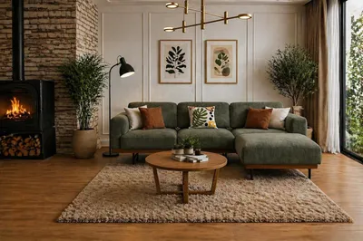 Immagine prodotto di Divano ad angolo a forma di L, bianco, in tessuto, dal design moderno, confortevole e pratico, con dettagli verdi
