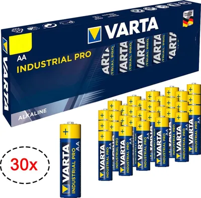 A box of VARTA Industrial PRO AA batteries with several batteries displayed in front.