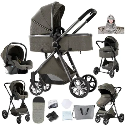 Produktbild von 3-in-1 Kombikinderwagen - Reisesystem mit Babyschale - Kinderwagen mit Wanne - Faltbar - Wendbarer Sitz - Stoßdämpfende Räder - Dunkelgrau