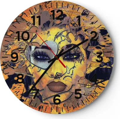Produktbild von Wanduhr - Rund - Glasuhr - Gesicht Frau - 40x40cm - Schleichendes Uhrwerk - Lautlos - zum Aufhängen bereit - Dekoration Modern - Wanddekoration aus Glas - C4AR40x40-3513