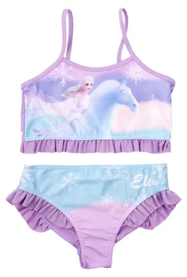 Produktbild von Disney Die Eiskönigin Bikini mit Rüschen für Mädchen - Elsa Frozen Kinder Zweiteiler Schwimmanzug Lila 122-128