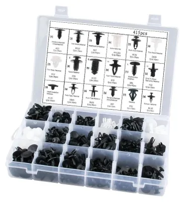 Productafbeelding van Set van 415 bevestigingsclips, sluitingen en popnagels – clips/klemmen voor bekleding, sierlijsten en panelen