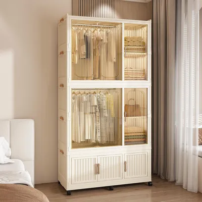Imagen del producto de MODFU, armario blanco, armario de plástico con 9 puertas magnéticas, armario plegable con 2 barras para colgar, armario modular de almacenamiento con 6 ruedas y 6 perchas
