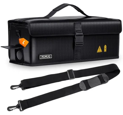 Productafbeelding van E-bike batterijtas, brandwerend, 1400°C, beschermhoes voor LiPo-batterijen, geschikt voor transport, opslag en opladen, maat L, afmetingen 49x15x15 cm