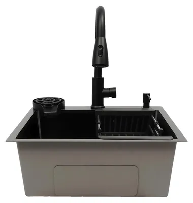 Obrázek produktu pro Kuchyňský dřez, vytahovací baterie, integrovaný dávkovač mýdla, černý