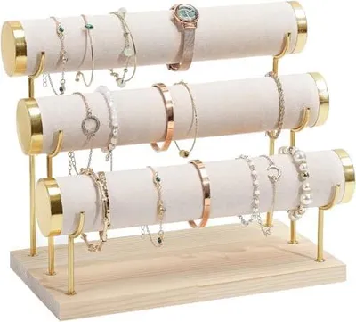 Produktbild von ProCase 3 Etagen T-Form Armbandhalter, Abnehmbare Armband Halterung Schmuckhalter, Samt Wrap Armbandständer Uhrenständer Aufbewahrung mit Holzsockel für Armreifen Armbänder Haarklammern Uhren -Beige