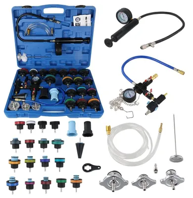 Image de Kit d'outils pour système de refroidissement automobile - Testeur de pression de radiateur et appareil de remplissage sous vide, 28 pièces - Détecteur de fuites - Remplissage du liquide de refroidissement sous vide - Universel pour voitures particulières
