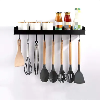 Produktbild von SensaHome Wandregal – Metallregal mit Kleiderbügeln – Küchenregal – Badezimmerregal – Gewürzregal – Industriedesign – Rechteck – Schwarz