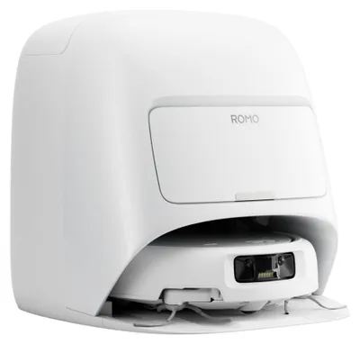 Produktbild von DJI ROMO S Saugroboter mit Wischfunktion Weiße Basisstation und Roboter