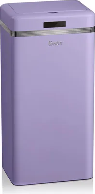 A lavender retro-style trash can with a silver band and a small black sensor panel on the front.
