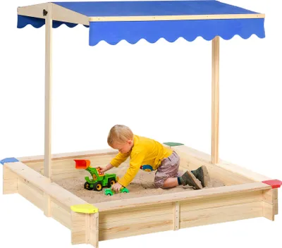 Image de Outsunny Bac à Sable Bois carré avec Couvercle dim. 1,2L x 1,2l x 1,2H m - Hauteur et Inclinaison Toit réglables - Bois Naturel de pin