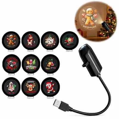 Produktbild von LED Weihnachtsprojektor, 10-teiliges Set mit 5D Projektion, USB Anschluss, 360° drehbar, Weihnachtsbeleuchtung für Innenräume und Partys