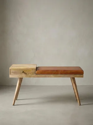 Produktbild von Sitzbank Ziegenleder / Massivholz Bank 100x52x38 cm im Retro Stil, Flur Polsterbank mit Stauraum, Gepolsterte Lederbank Aufbewahrung Braun, Kleine Bettbank Echtleder, Flurbank