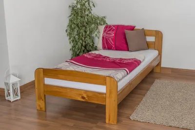 Produktbild von Einzelbett / Gästebett Kiefer Vollholz massiv Eichefarben A6, inkl. Lattenrost - Abmessung 90 x 200 cm