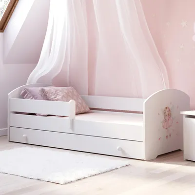 Produktbild von Kids Collective Kinderbett 70x140 / 80x160 Komplett Set inkl. Matratze, Lattenrost, Schublade & Rausfallschutz | Einzelbett für Kinder von 2 – 10 Jahren | 70x140 cm | weiß mit Prinzessin Motiv