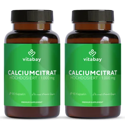 Produktbild von Vitabay Calcium 1000 mg – 180 (2er Bundle) vegane Kapseln mit Calciumcitrat – für Knochen und Zähne – ohne Zusatzstoffe – Für 2 Monat