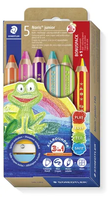 Produktbild von STAEDTLER Noris junior 140 3 in 1 Kindermalstift Etui mit 5 Farben, Regenbogenstift und Spitzer