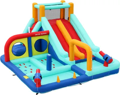 Produktbild von Kinder-Huepfburg 365 x 450 x 217 cm Multifuntionaler Outdoor-Wasserpark Doppelrutschen-Wasserrutsche Wasserpistole Springbrunnen Boxpfosten Geblaese Blau