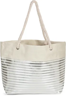 Produktbild von styleBREAKER Damen XXL Strandtasche mit Reißverschluss und Metallic Glitzer Streifen | große Badetasche für Familie oder Shopping | 58 x 38 x 20 cm