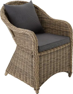 A single wicker chair with a gray cushion on a white background.