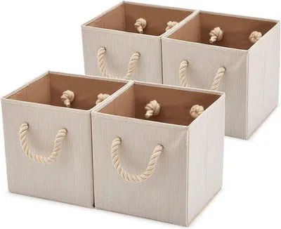 Immagine prodotto di Scatole portaoggetti pieghevoli in tessuto con manici - Set da 4 - per mensole e armadi - 267 x 267 x 28 cm - Beige