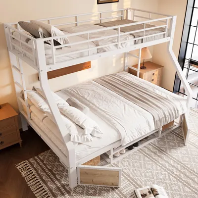 Image de OKWISH Lit Superposé 90x200 cm/140x200 cm - Lit Superposé Enfant avec Rangement et Échelle, Sécurité Intégrée, sans Matelas, Métal Et MDF, Blanc