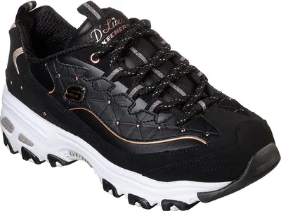 A single black Skechers D'Lites sneaker with rose gold accents and a white sole is shown against a white background.