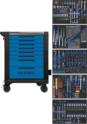 Produktbild von SW-Stahl Z3110 Profi Werkstattwagen TT801 blau I 8 Schubladen I 5 Schubladen gefüllt I 341 teilig I Werkstatt Rollwagen mit Werkzeug bestückt I Twin-Lock I Werkstattwagen kit I voll ausgestattet