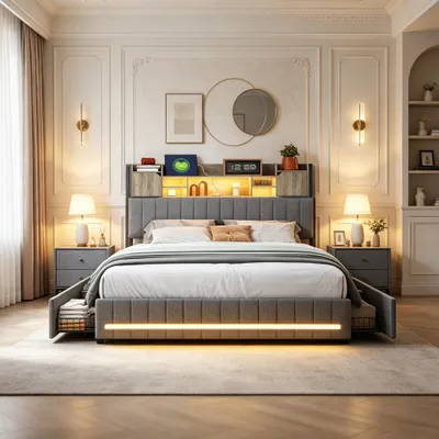 Image de Lit tapissier INONEFT 140x200 cm avec LED et USB, lit double avec sommier à lattes et 4 tiroirs, lit en bois, lit double, lit pour adolescents, lit avec rangement, couleur gris
