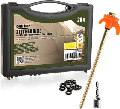 Produktbild von com-four® 20x Zeltheringe, robuste Stahl-Heringe mit Gewinde und Seil-Halterung, Felsboden-Erdnägel für Camping, Box mit Zelthaken für harten Boden und Holz