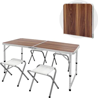 Produktbild von ECD Germany Kempingový stôl so 4 stoličkami, 120x60x55/63/70 cm, nastaviteľná výška, skladací, hnedý, z hliníka a MDF, kempingový nábytok so 4 stoličkami